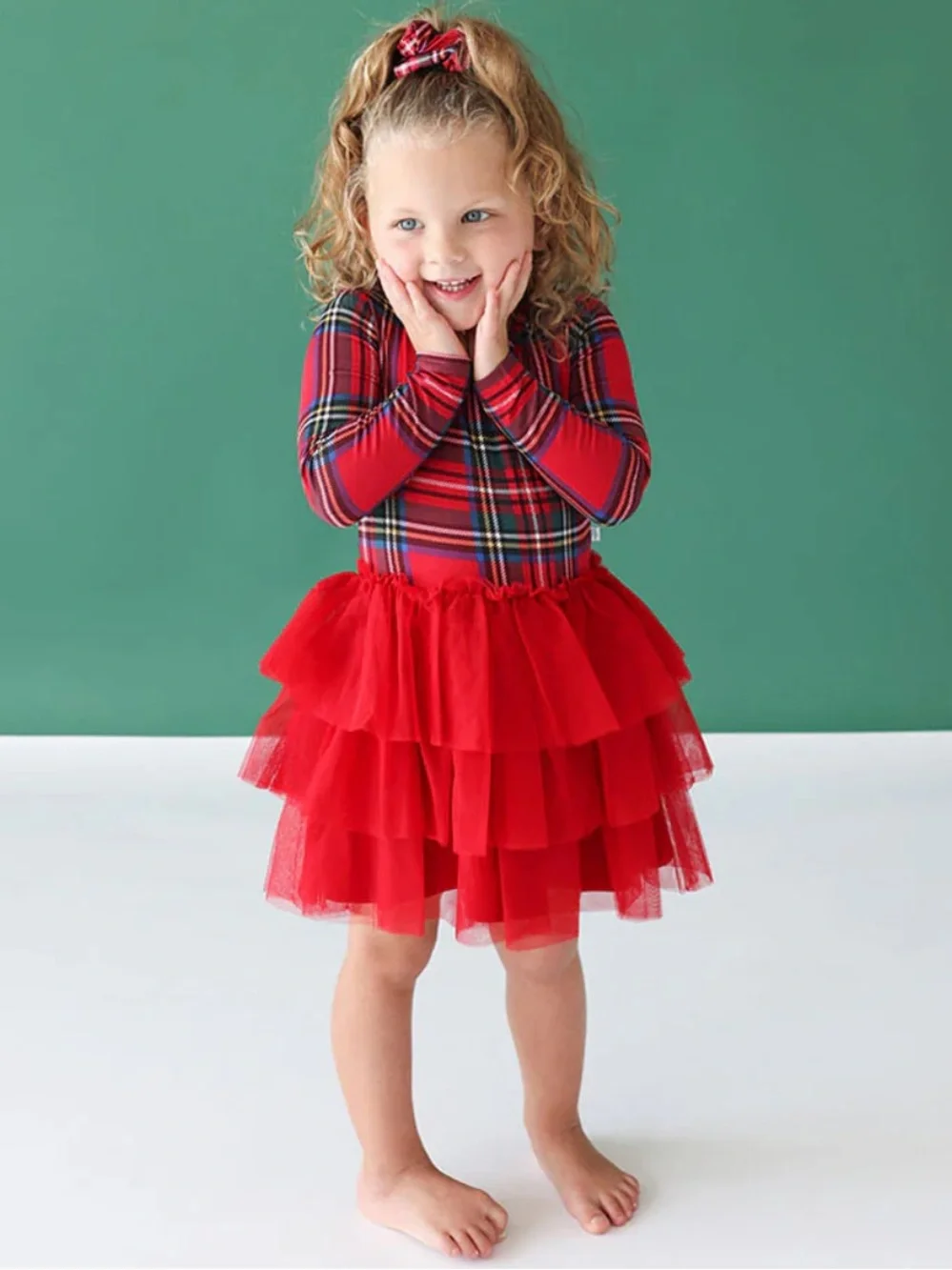 Posh Peanut Red Tartan Plaid Long Sleeve Tulle Dress