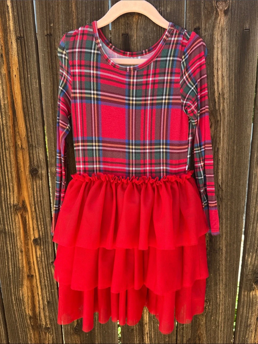 Posh Peanut Red Tartan Plaid Long Sleeve Tulle Dress