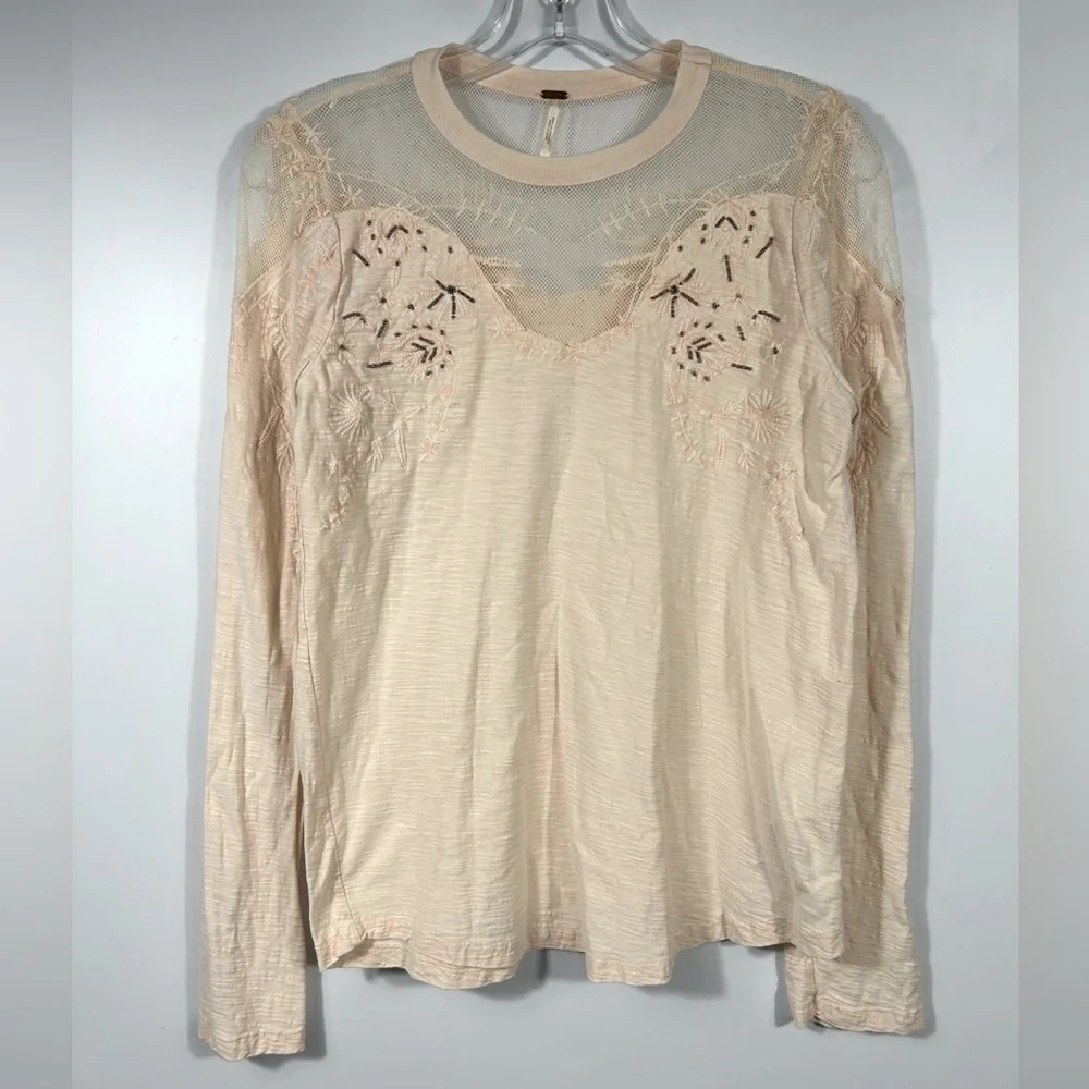 Free people Micha Embellished Mesh Beaded Long Sleeve Tee Top Peach Color Size M