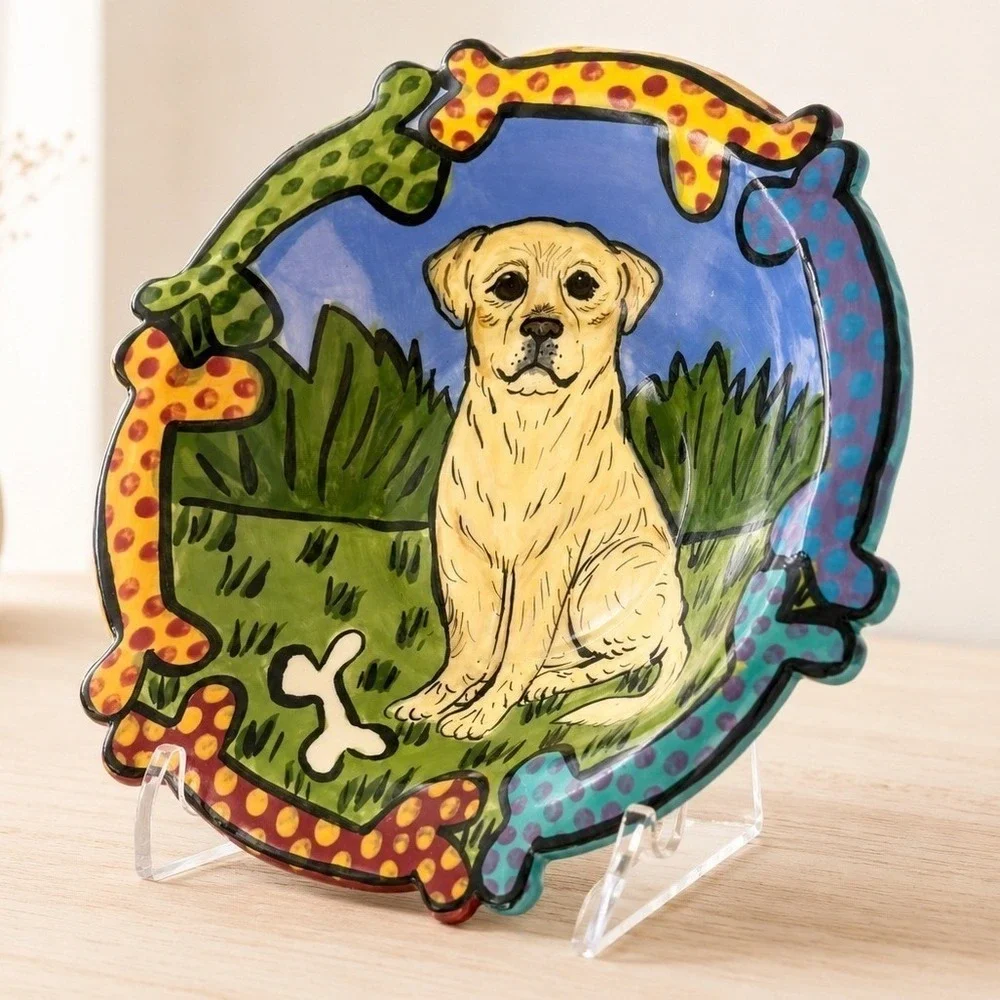 Hand-Painted Yellow Lab Pottery Colorful Bones Border Signed Art Dog Lover Gift