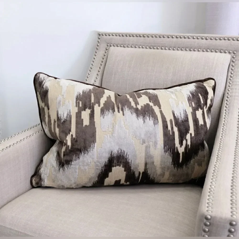 Rodeo Home Diamo chocolate Ikat Cut Velvet Design feather lumbar pillow