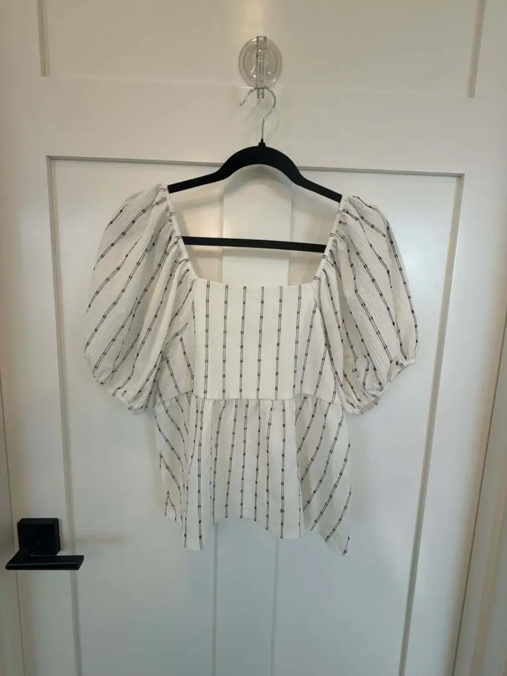 Madewell Puff-Sleeve Square-Neck Empire Waist Peplum Top in Textured White and B