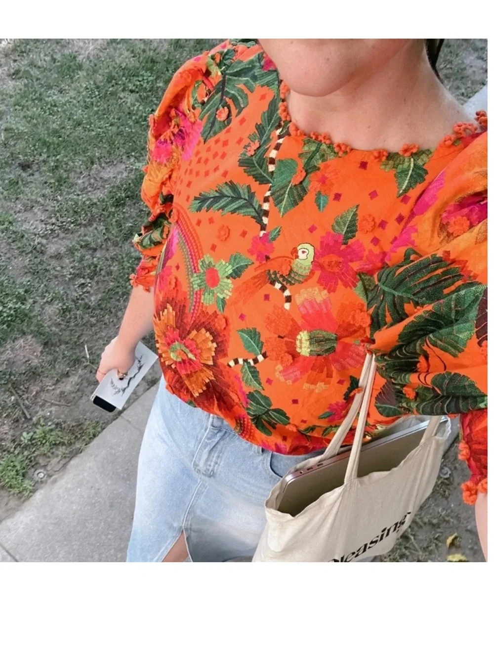 FARM RIO Cotton Blooming Garden Blouse Orange Floral Size Small