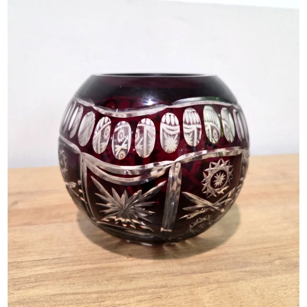 Vintage Bohemian Czech Crystal Cranberry Cut To Clear Bowl 5''