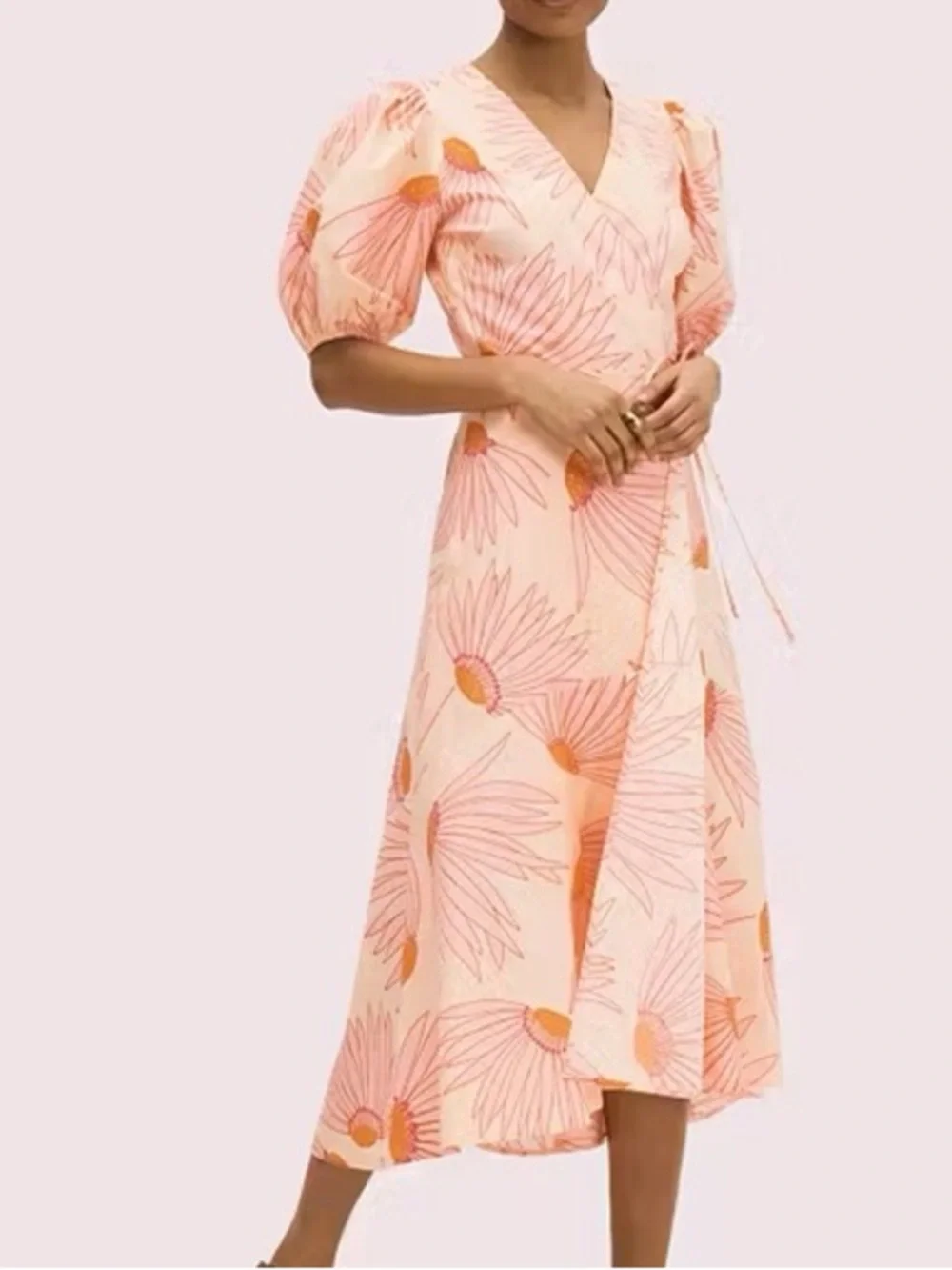 Kate Spade New York Falling Flower Grand Daisy Wrap Dress Peach Puff Sleeves NEW