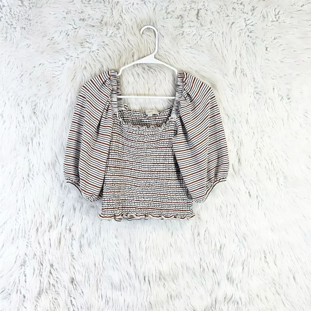 LOFT Women's Striped Smocked Puff Sleeve Blouse Size xs Multicolor