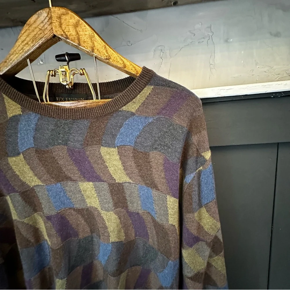 FX Fusion Mens Size XL‎ Multicolor Tan Sweater Round Neck Long Sleeve Bold
