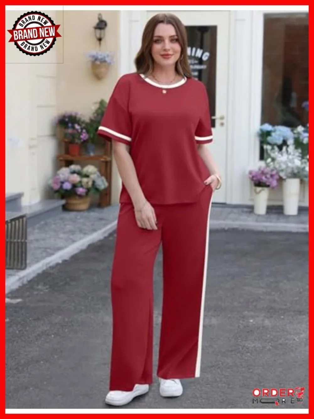 2 Piece Matching Set Lounge Set Wide Leg Pants with Pockets Short Sleeve Top