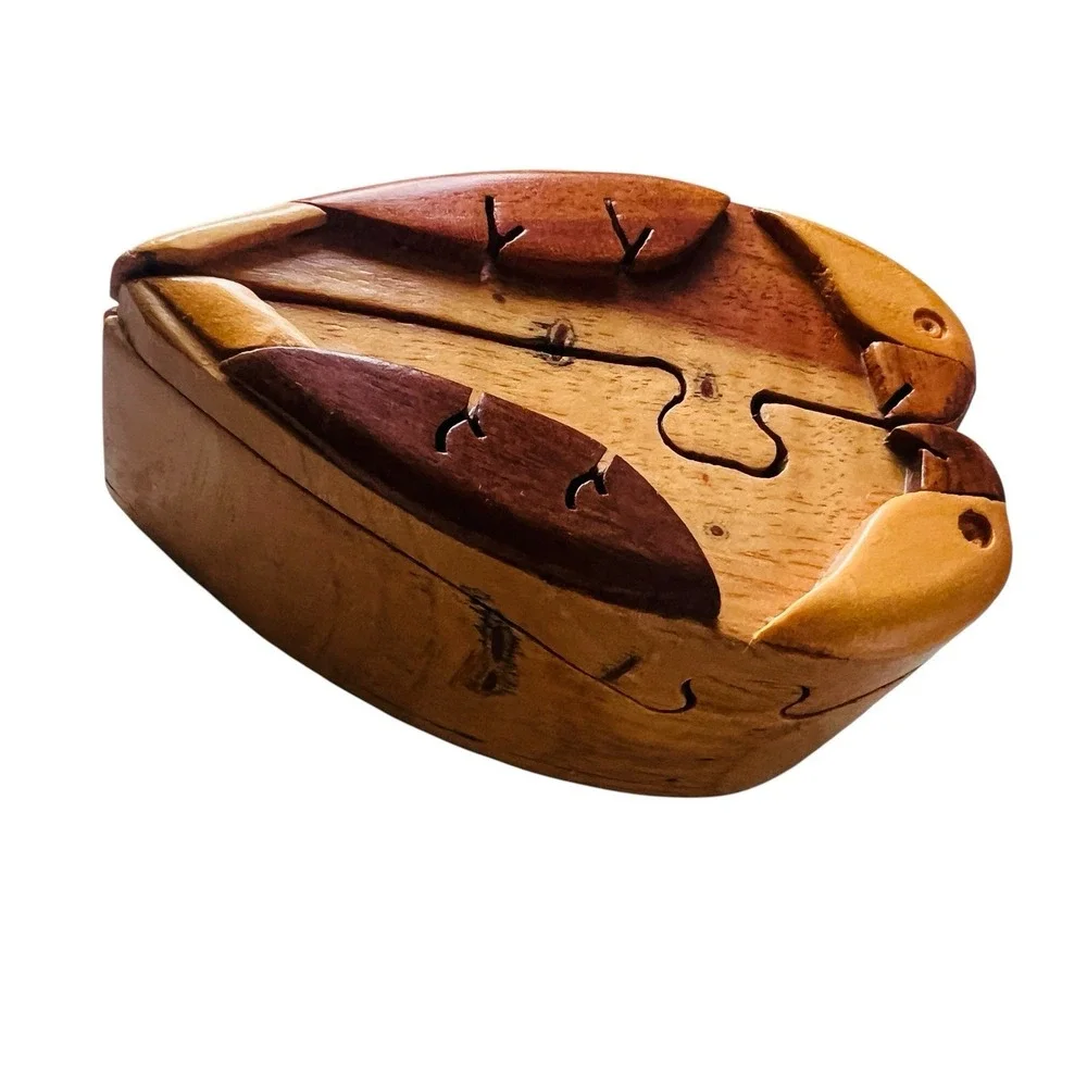 Vintage Wooden Puzzle Trinket Box Love Birds Parrot  Hand Carved Artisan Folkart