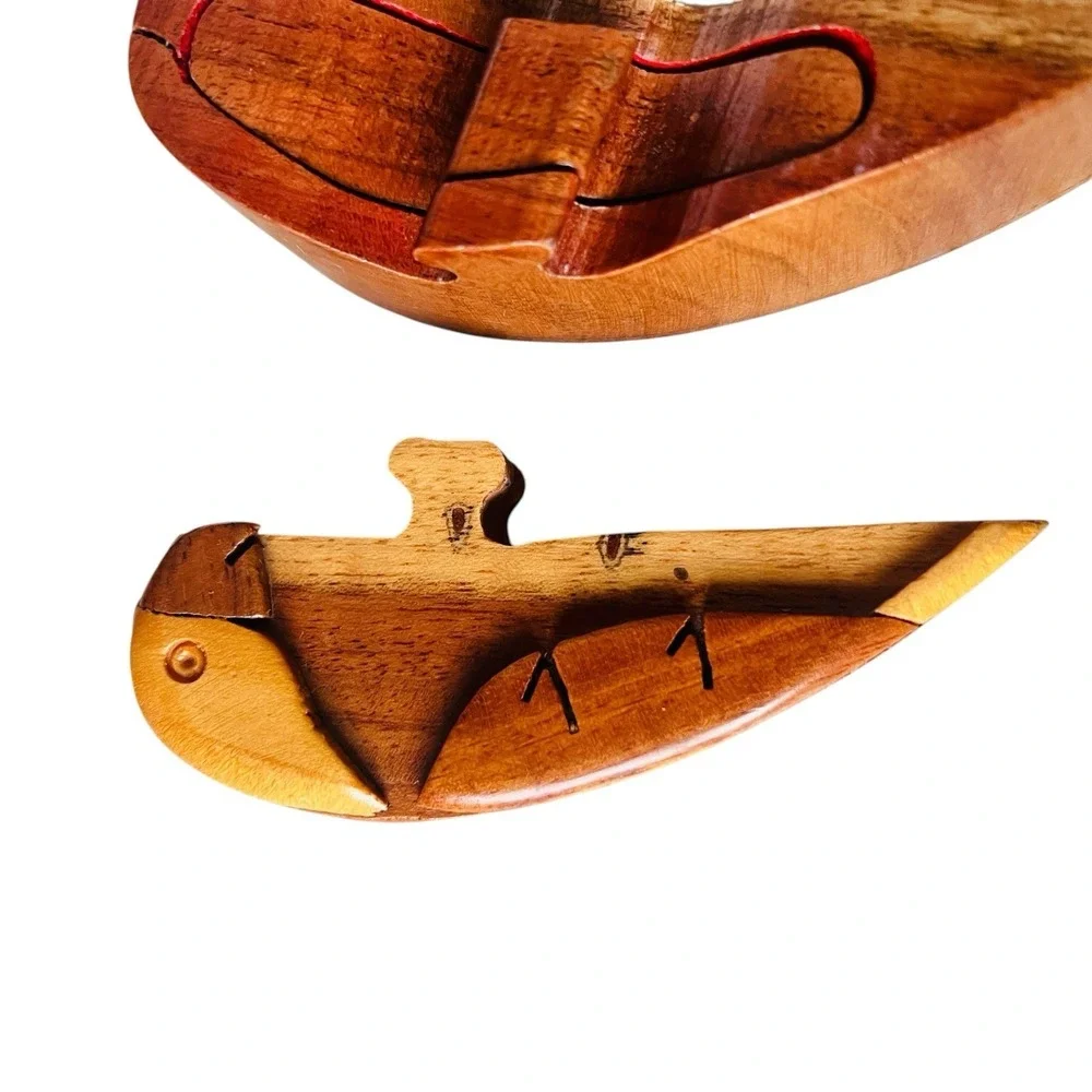 Vintage Wooden Puzzle Trinket Box Love Birds Parrot  Hand Carved Artisan Folkart