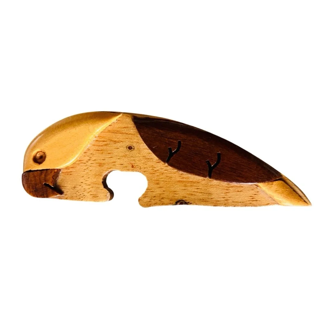 Vintage Wooden Puzzle Trinket Box Love Birds Parrot  Hand Carved Artisan Folkart