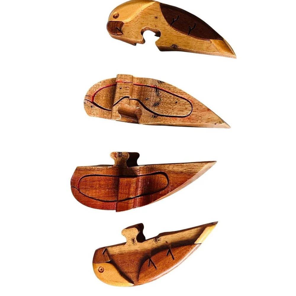 Vintage Wooden Puzzle Trinket Box Love Birds Parrot  Hand Carved Artisan Folkart