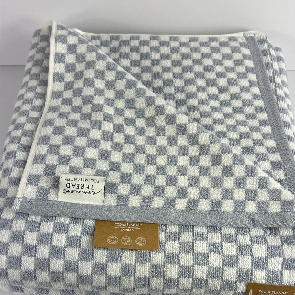 Common Thread Bamboo Bath Towels Blue White Check Print Cotton Set of 2 NEW