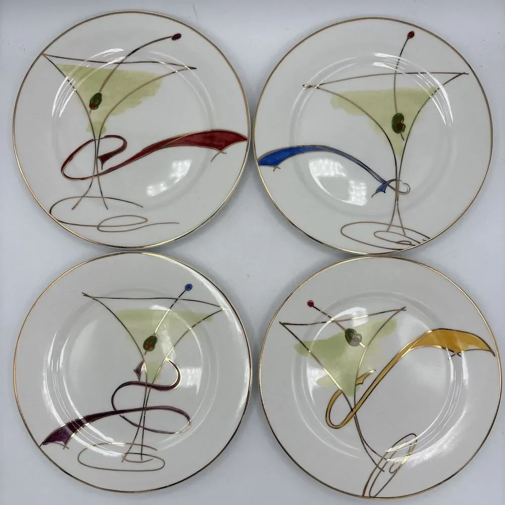 Pier 1 Imports Martini Glass Appetizer Salad Plates Set of 4 Gold Rim 7.5