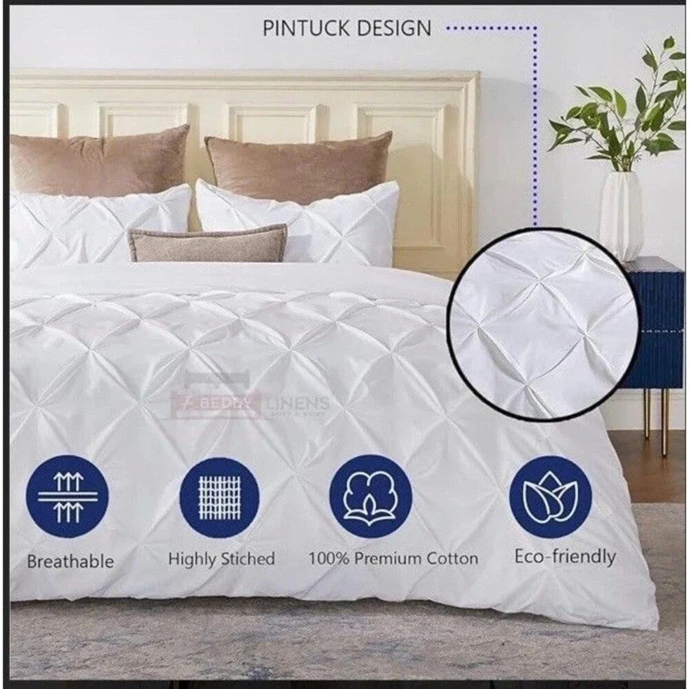 eBeddy Linens White Pinch Pleated Pintuck Duvet Cover Set Alaskan King