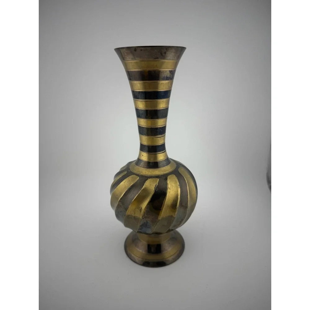 Vintage Brass Vase with Black Stripes‎ Made in India Home Decor Bud Vase