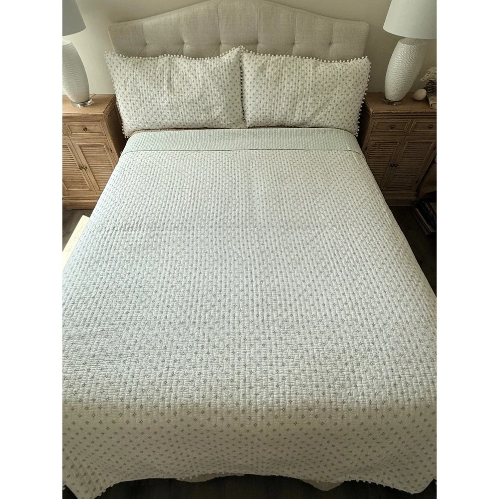 Boho Quilted King Bedding Set White Sage Green Pom Pom Trim Quilt 2 Shams