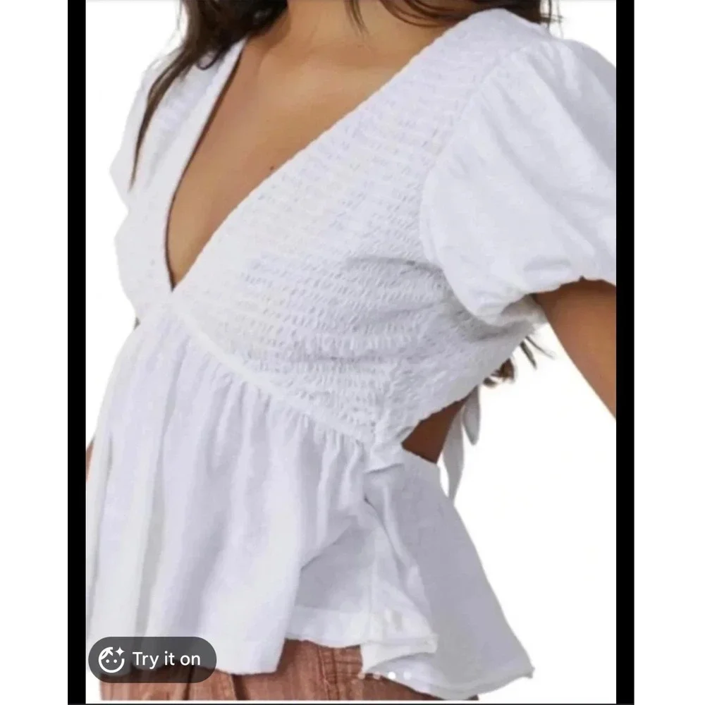 Free People White Smocked Puff Sleeve Open Back Peplum Top XL OB1635188