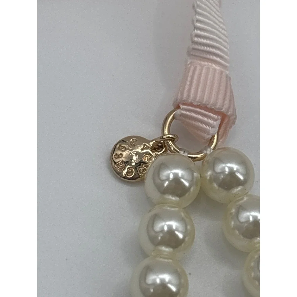 J Crew Factory Girls Two Strand Pearl Necklace Pink Ribbon Clasp Gold Tone Charm