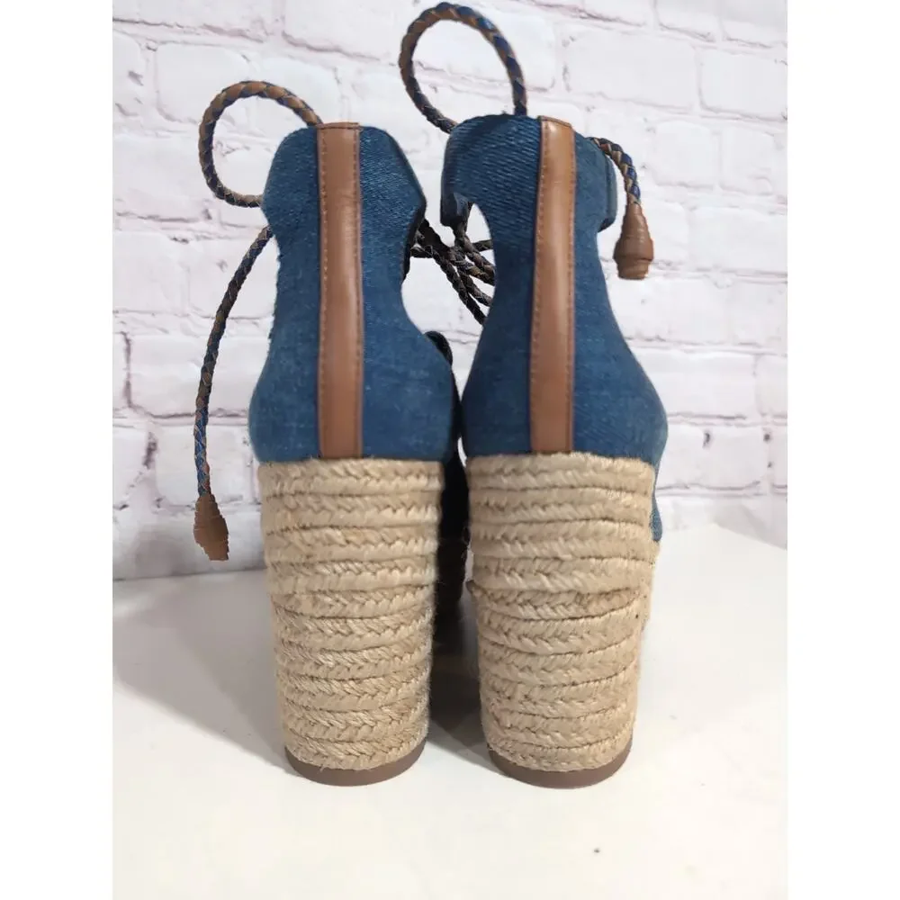 Tory Burch 8.5 Positano Platform Espadrille Heeled Lace Up Denim Blue
