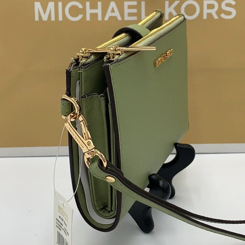 MICHAEL KORS LARGE DOUBLE ZIP WRISTLET WALLET LIGHT SAGE