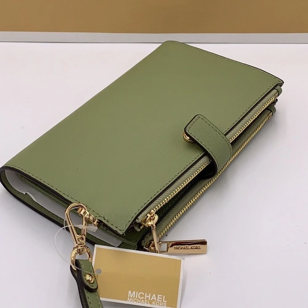 MICHAEL KORS LARGE DOUBLE ZIP WRISTLET WALLET LIGHT SAGE