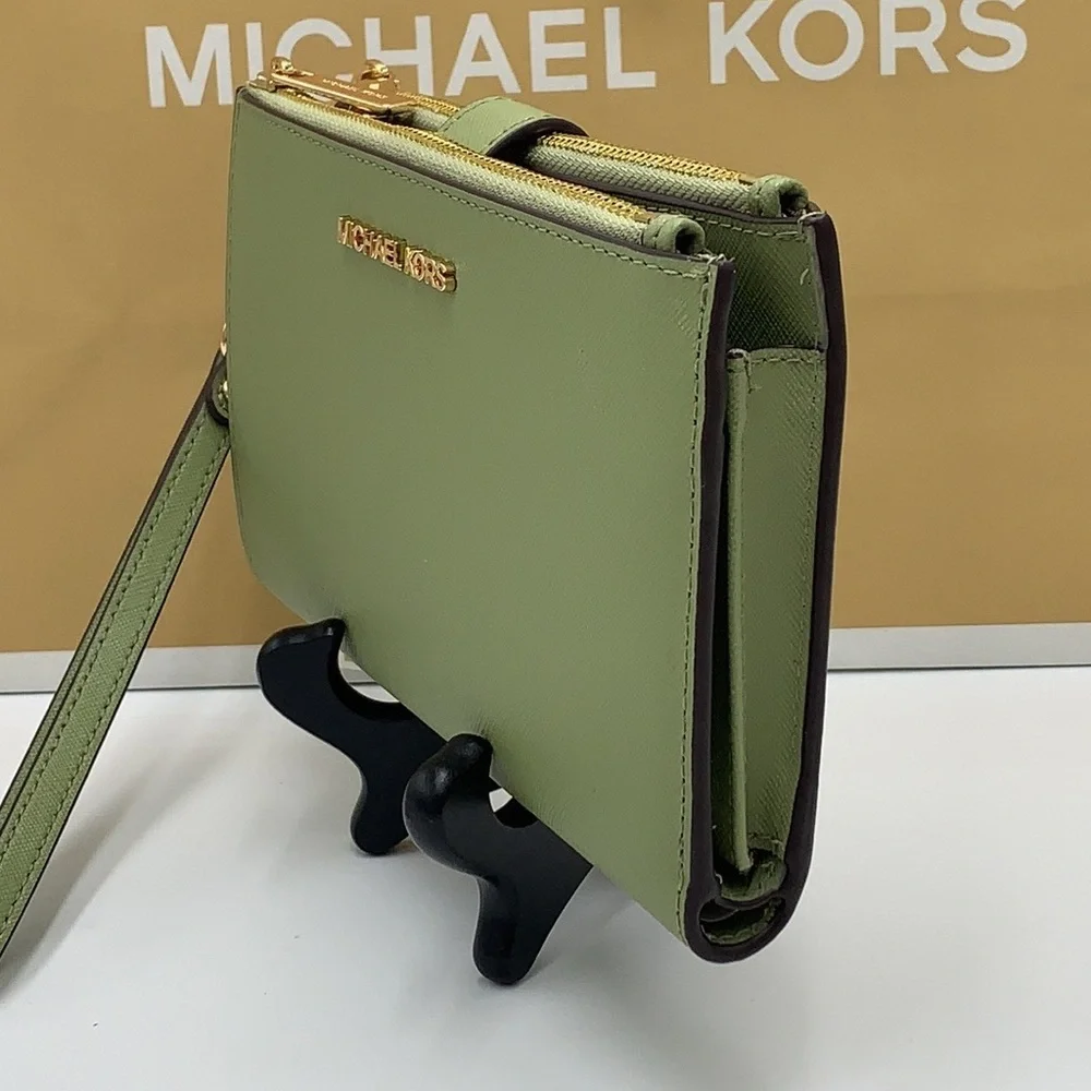 MICHAEL KORS LARGE DOUBLE ZIP WRISTLET WALLET LIGHT SAGE