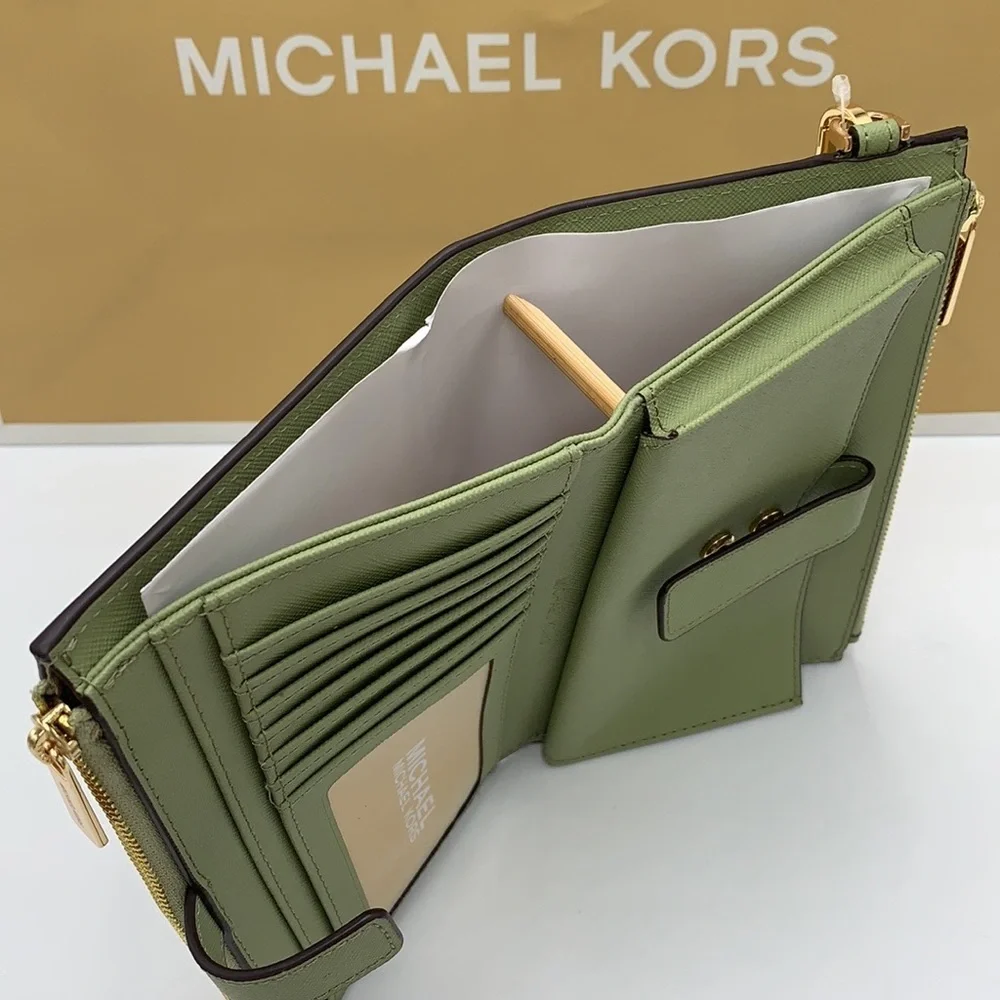 MICHAEL KORS LARGE DOUBLE ZIP WRISTLET WALLET LIGHT SAGE