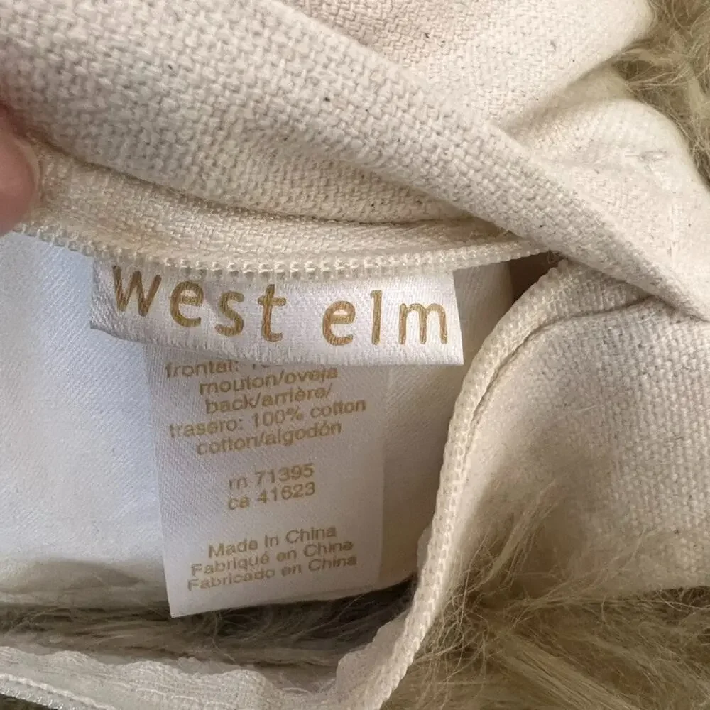 West Elm Pillow Sheep Fur 16” X 16” Cream Tan White Duck Feathers & Down Fill