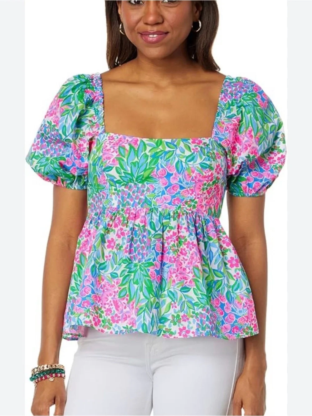 Lilly Pulitzer Square-Neck Puff Sleeve Floral Top - Pink, Green & Blue