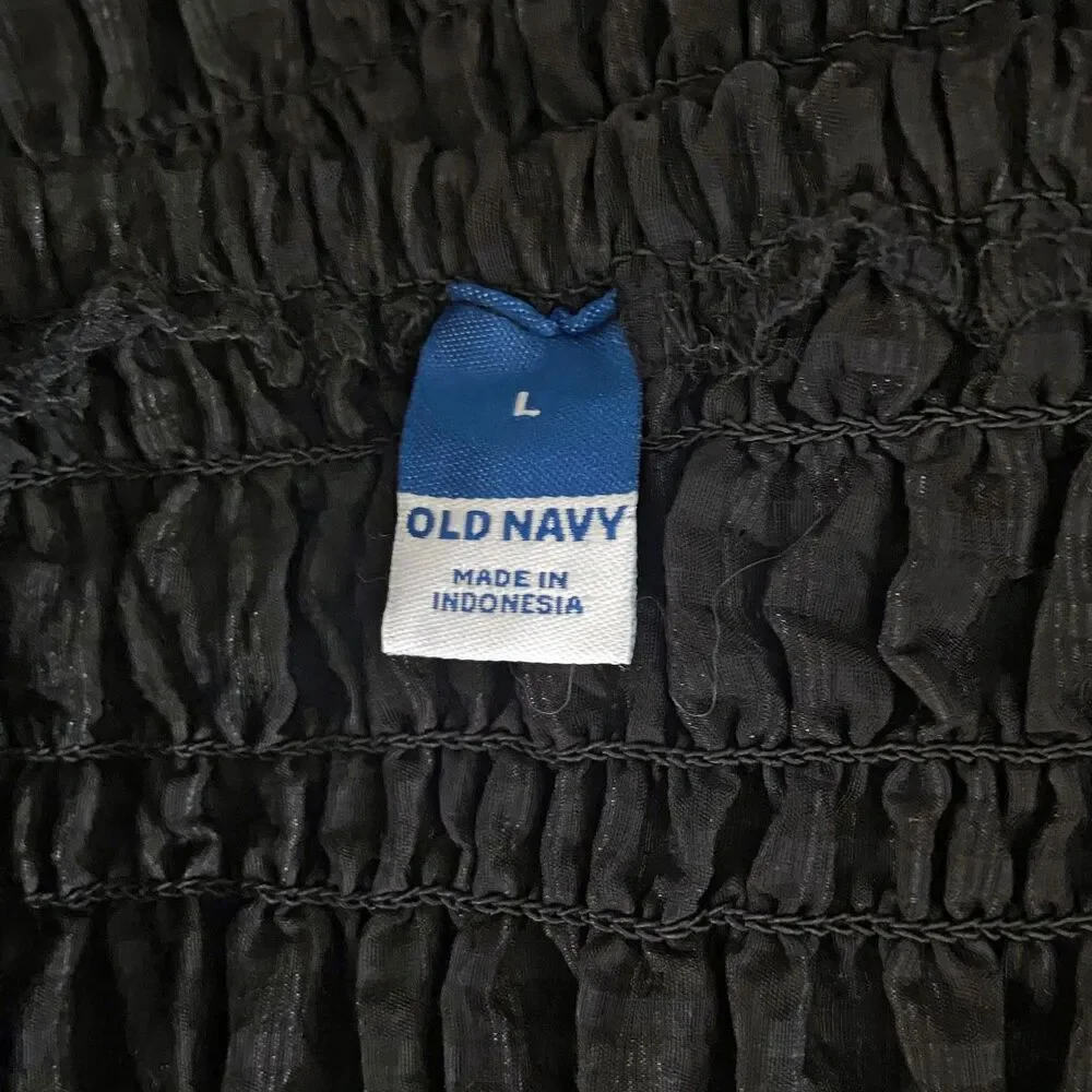 Old Navy Fitted Puff-Sleeve Smocked Top Size Large Black Square Neck Half Sleeve