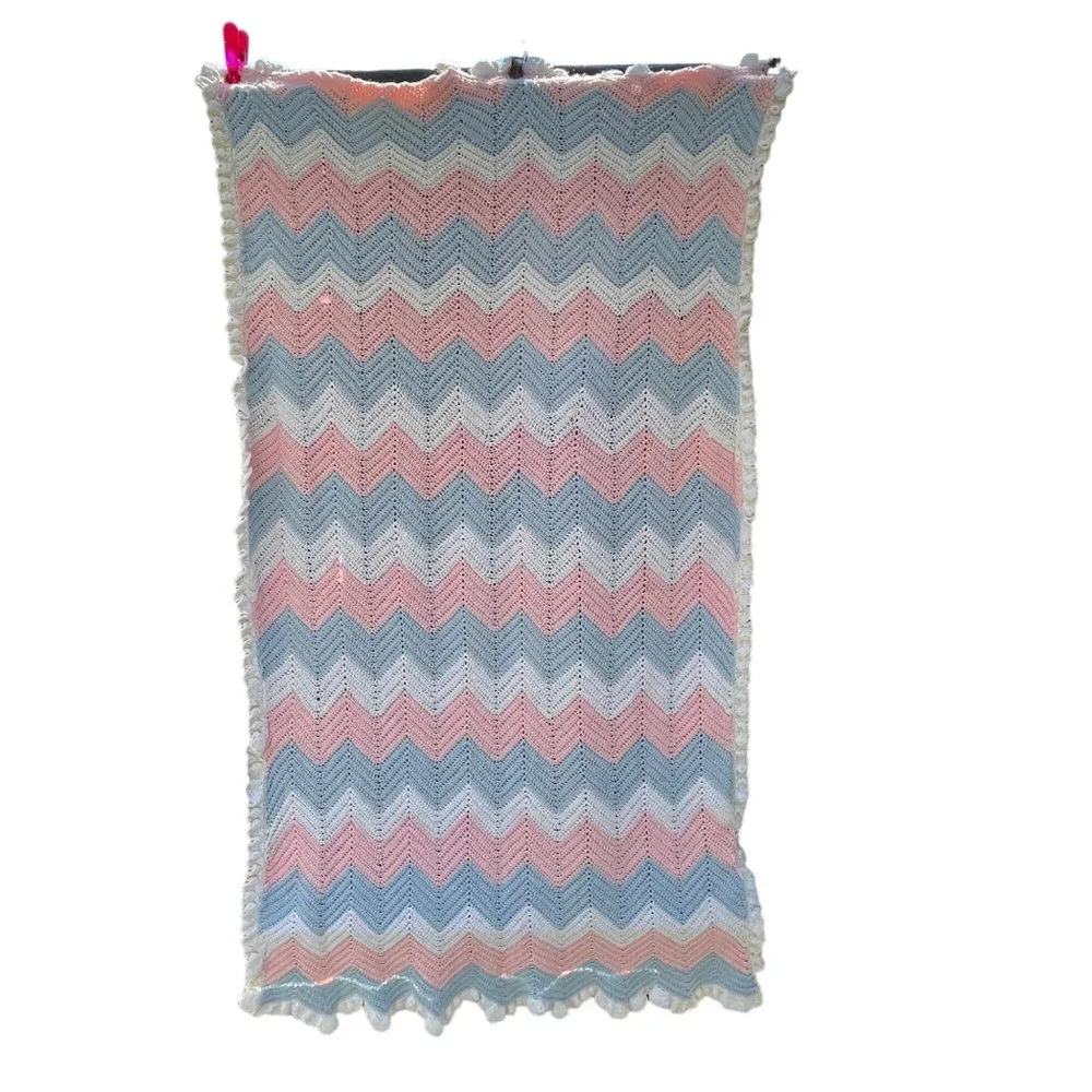 Hand Crochet Chevron Pink Blue White Baby Blanket with‎ Scalloped Edge 52