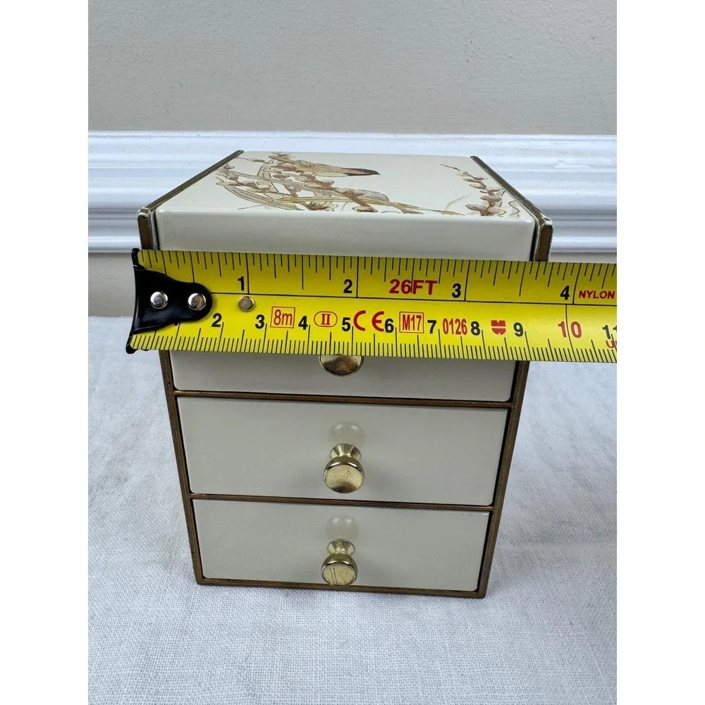 Vintage Otagiri Lacquerware Asian Bird Jewelry Box 3 Drawer Mirror Cream Mini