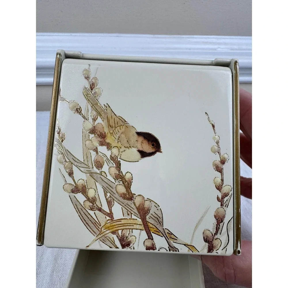 Vintage Otagiri Lacquerware Asian Bird Jewelry Box 3 Drawer Mirror Cream Mini