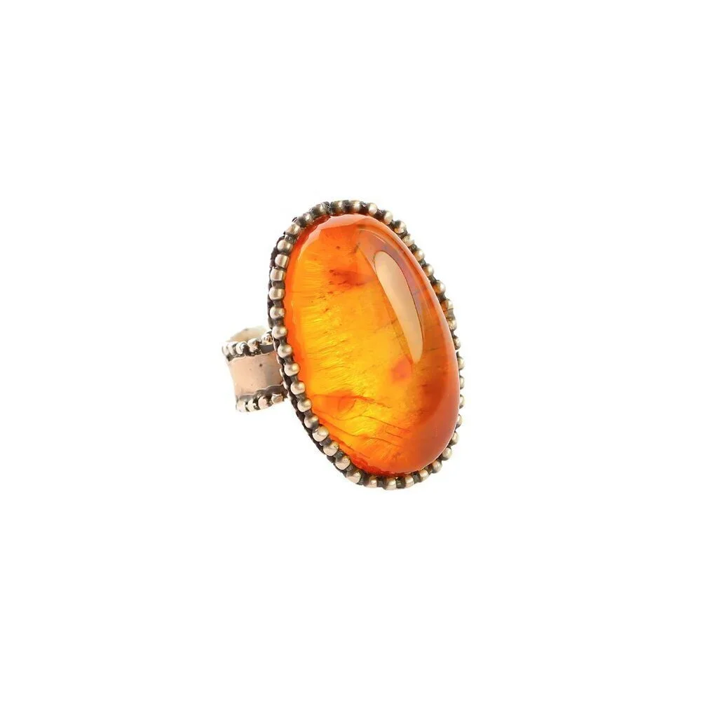 Medieval Baltic Amber Brutalist Ring in 925 Sterling Silver