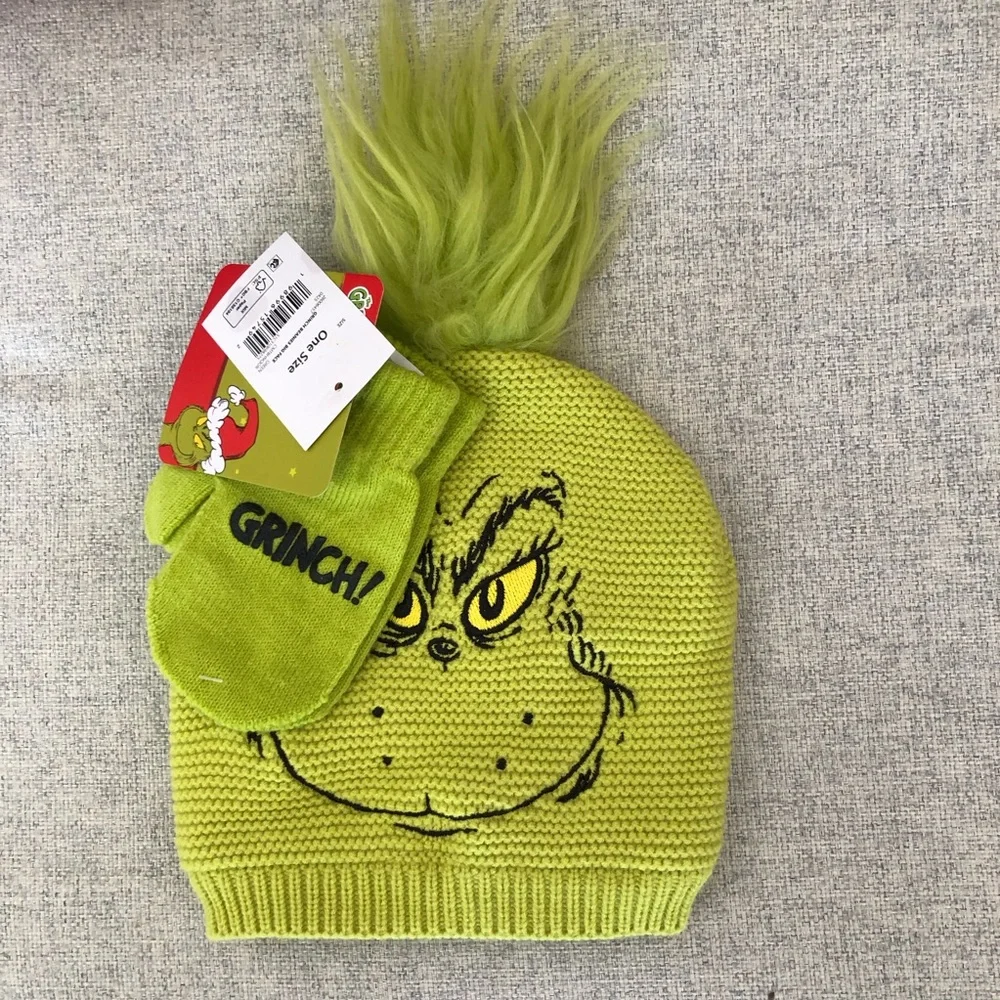 NWT Grinch Toddler Kids Beanie and Mittens Set - Green
