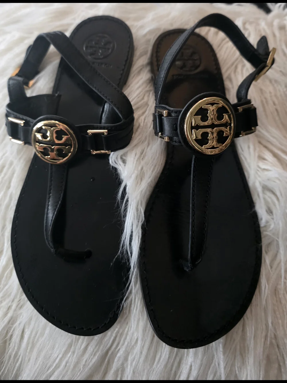 Tory Burch Black Leather T-Strap Sandals with Gold Logo Medallions