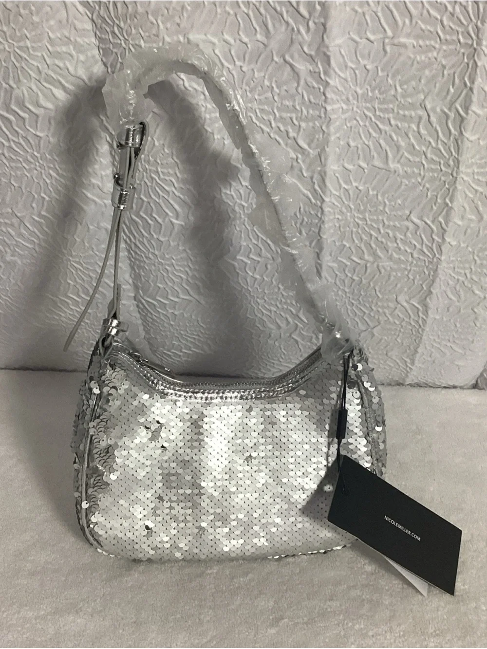 Nicole Miller Silver Sequin Hobo Mini Shoulder Bag NEW y2k