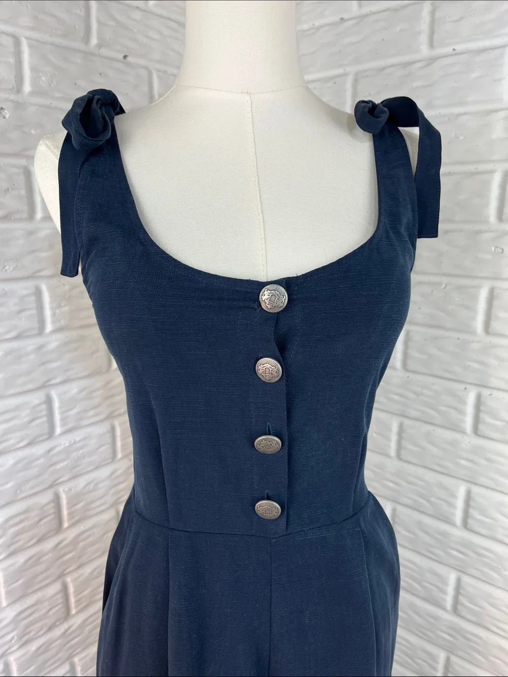 ZARA TRF COLLECTION NAVY BLUE WIDE LEG JUMPSUIT TIE SHOULDER LINEN RAYON SZ XS