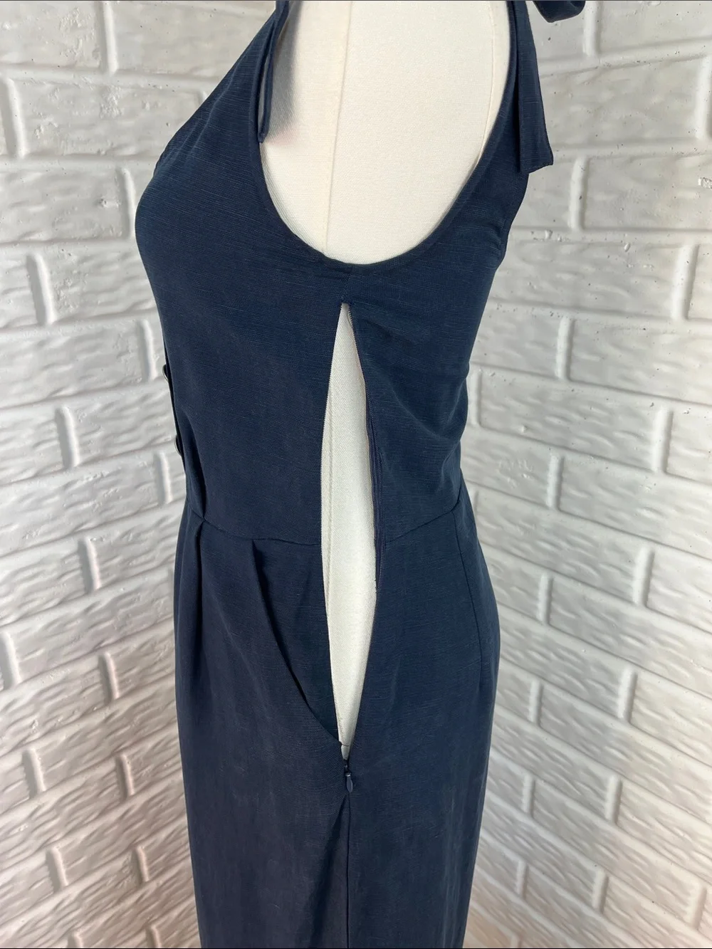 ZARA TRF COLLECTION NAVY BLUE WIDE LEG JUMPSUIT TIE SHOULDER LINEN RAYON SZ XS