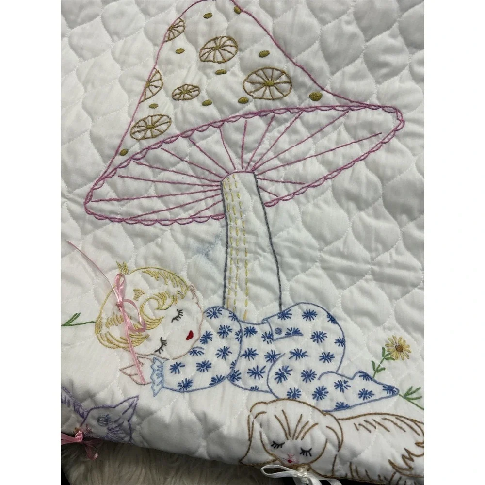 Vintage '73 Hand Stitched Embroidery Baby Quilt Mushroom Kitty Puppy Bows 58x40