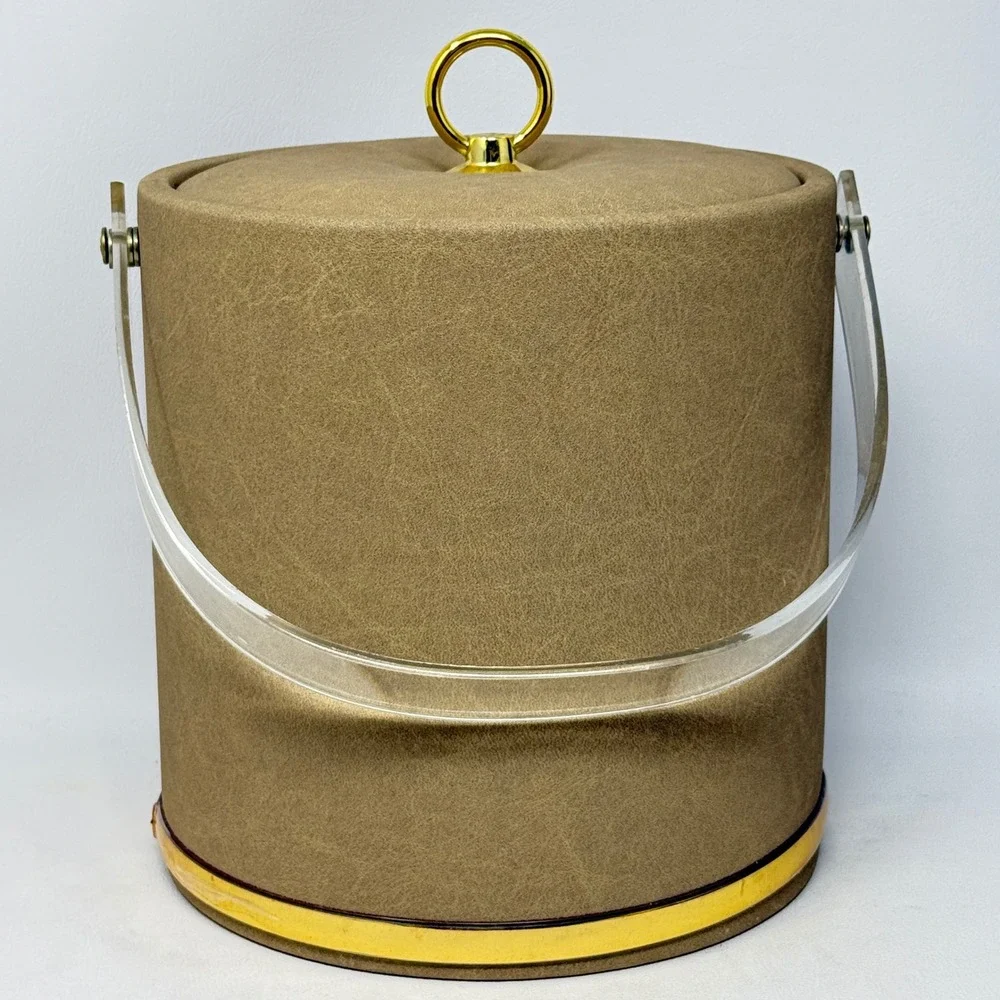 Vintage Norman R Wyatt Mallard Duck Ice Bucket Faux Leather Acrylic Handle Tan