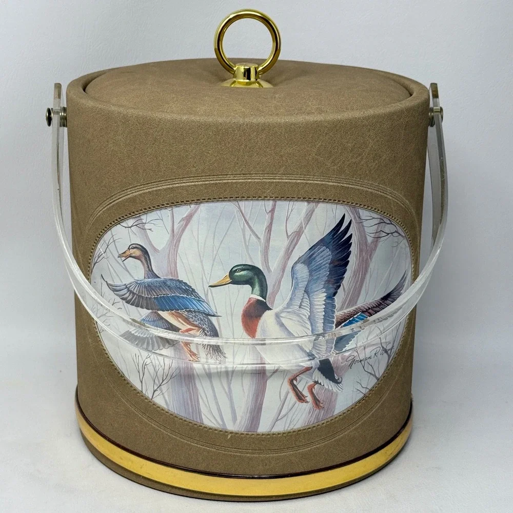 Vintage Norman R Wyatt Mallard Duck Ice Bucket Faux Leather Acrylic Handle Tan