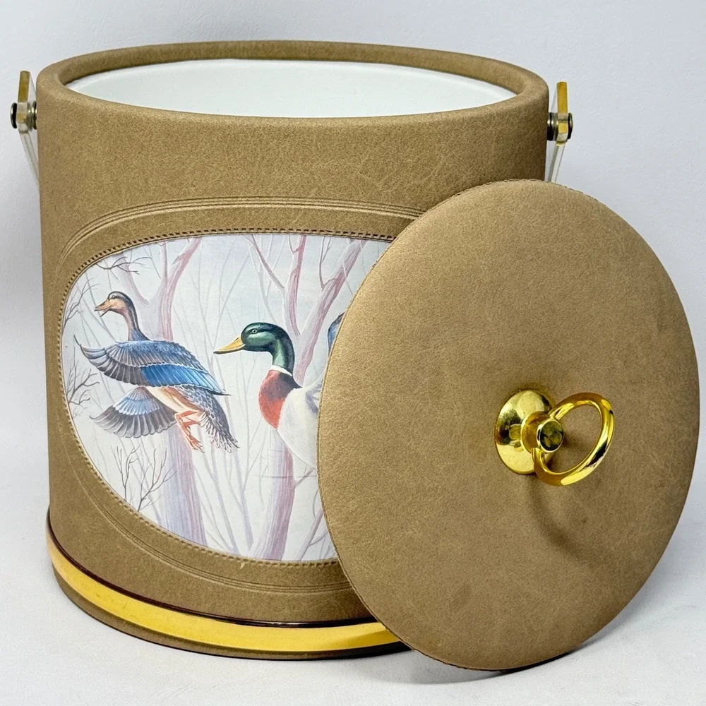 Vintage Norman R Wyatt Mallard Duck Ice Bucket Faux Leather Acrylic Handle Tan