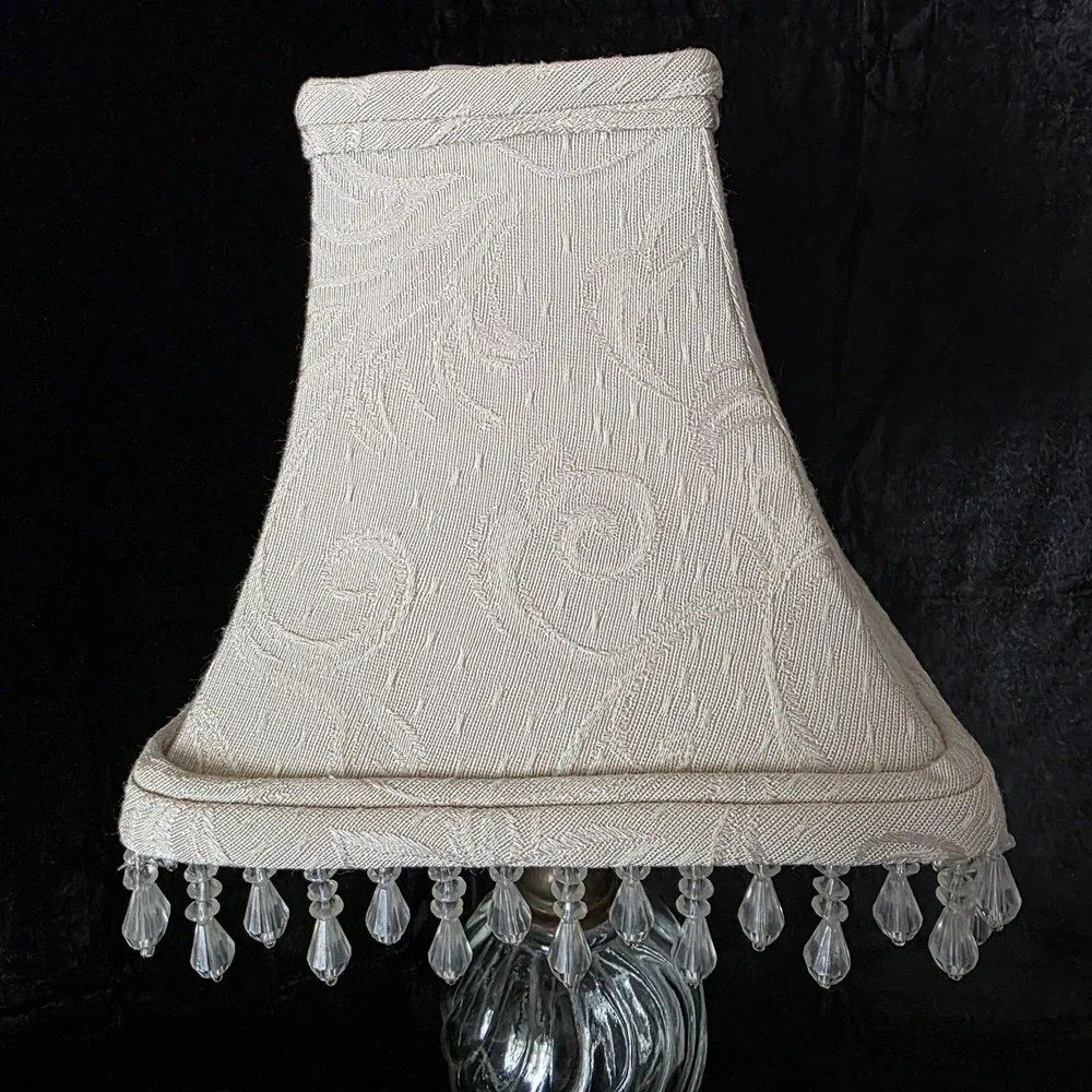 VTG Swirl Glass Table Budoir Lamp With Brass Accent & Beaded Ivory Shade - Small