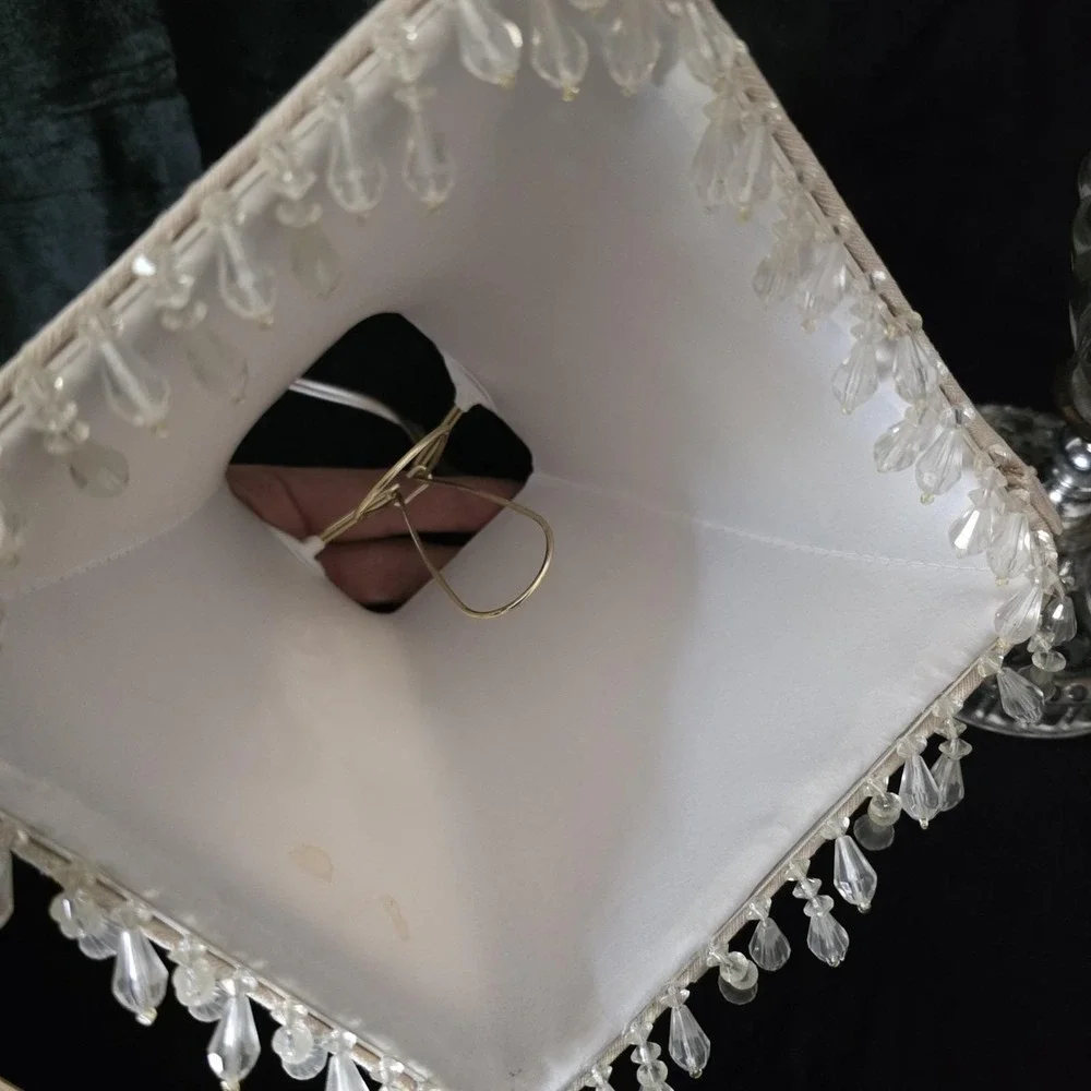 VTG Swirl Glass Table Budoir Lamp With Brass Accent & Beaded Ivory Shade - Small
