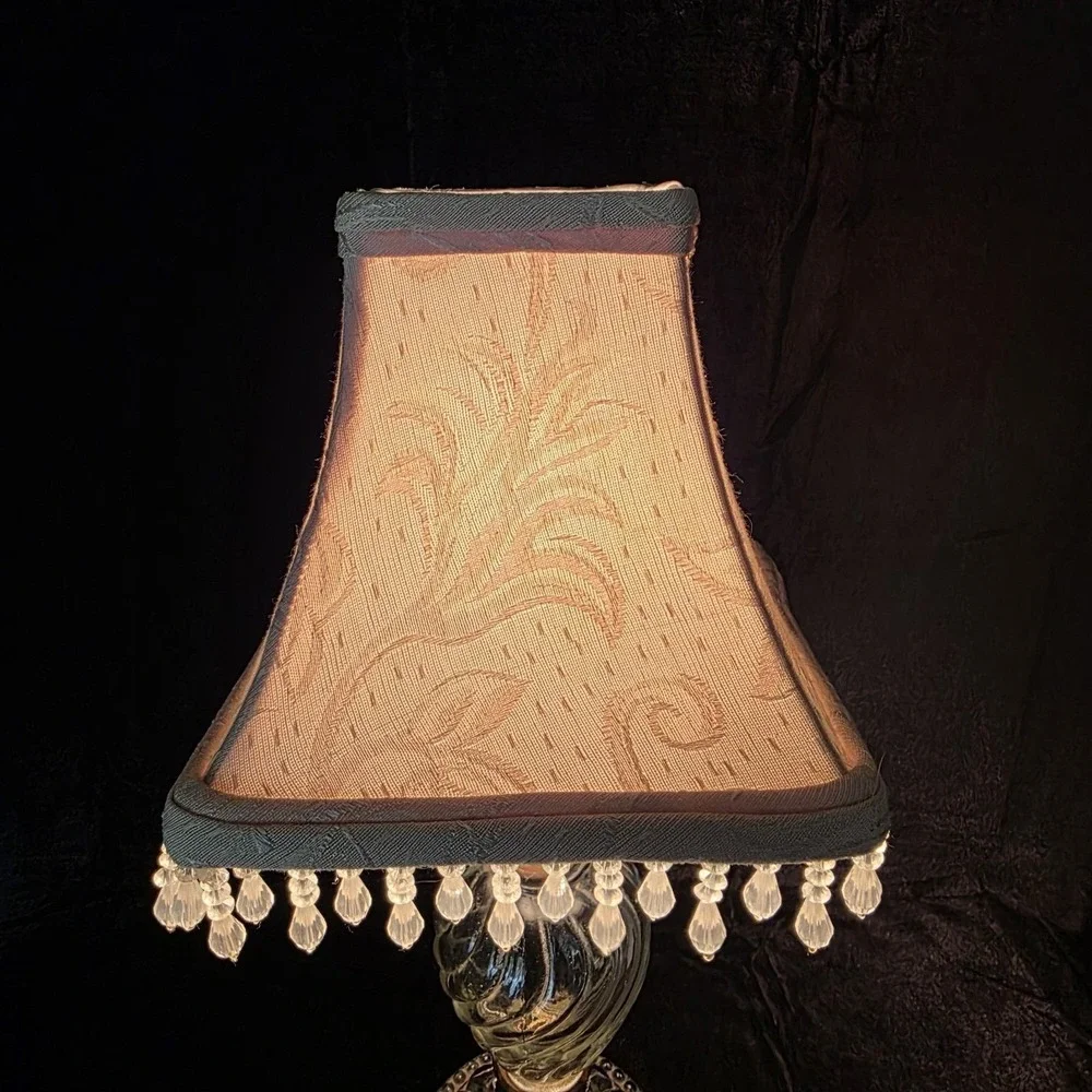 VTG Swirl Glass Table Budoir Lamp With Brass Accent & Beaded Ivory Shade - Small