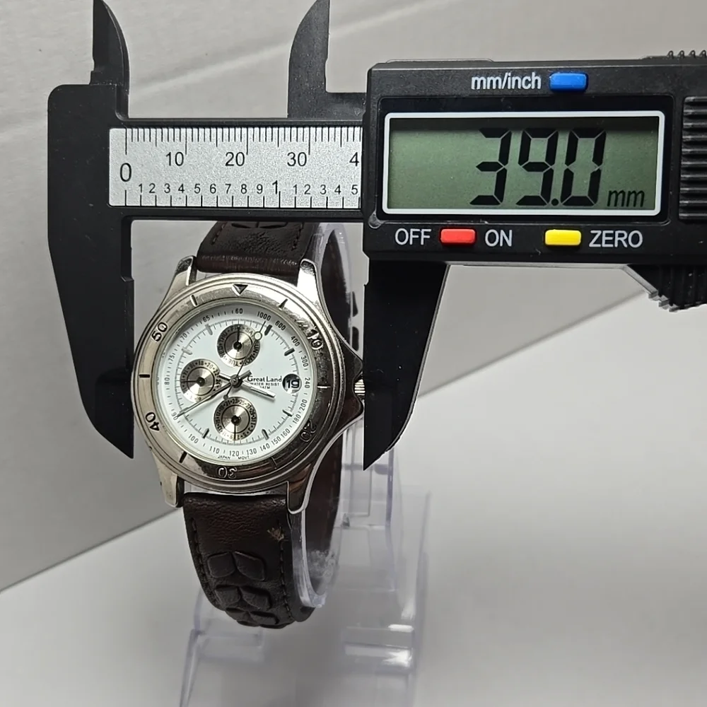 Great Land Mens Quartz Multi Dial Watch Date Brown Leather Strap New Battery