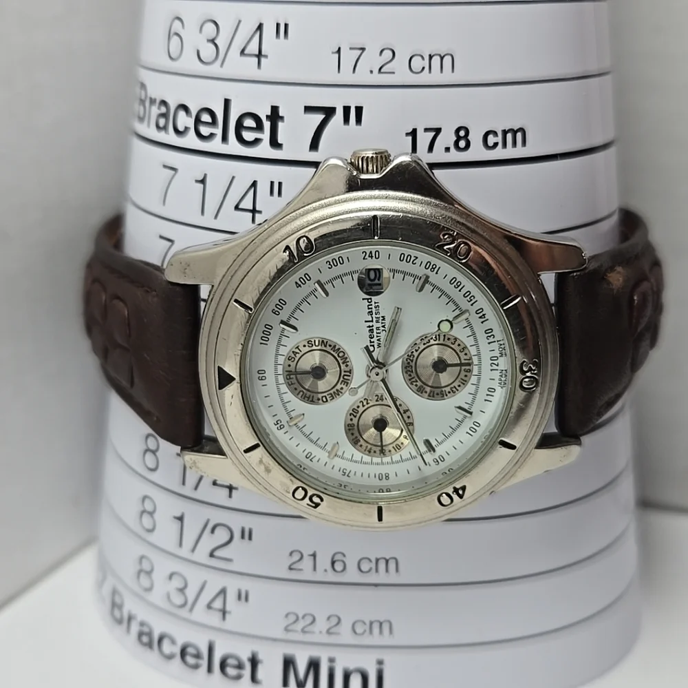 Great Land Mens Quartz Multi Dial Watch Date Brown Leather Strap New Battery