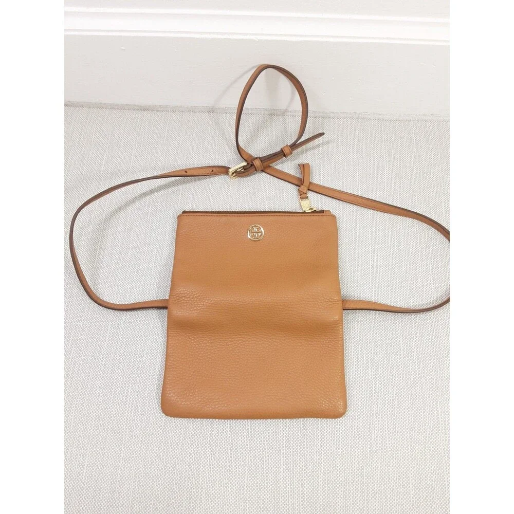 Tory Burch Robinson Crossbody Bag Small Clutch Foldover Tan Pebbled Leather